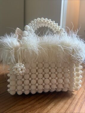 Ivory Pearl Beaded Handbag with Feather Trim